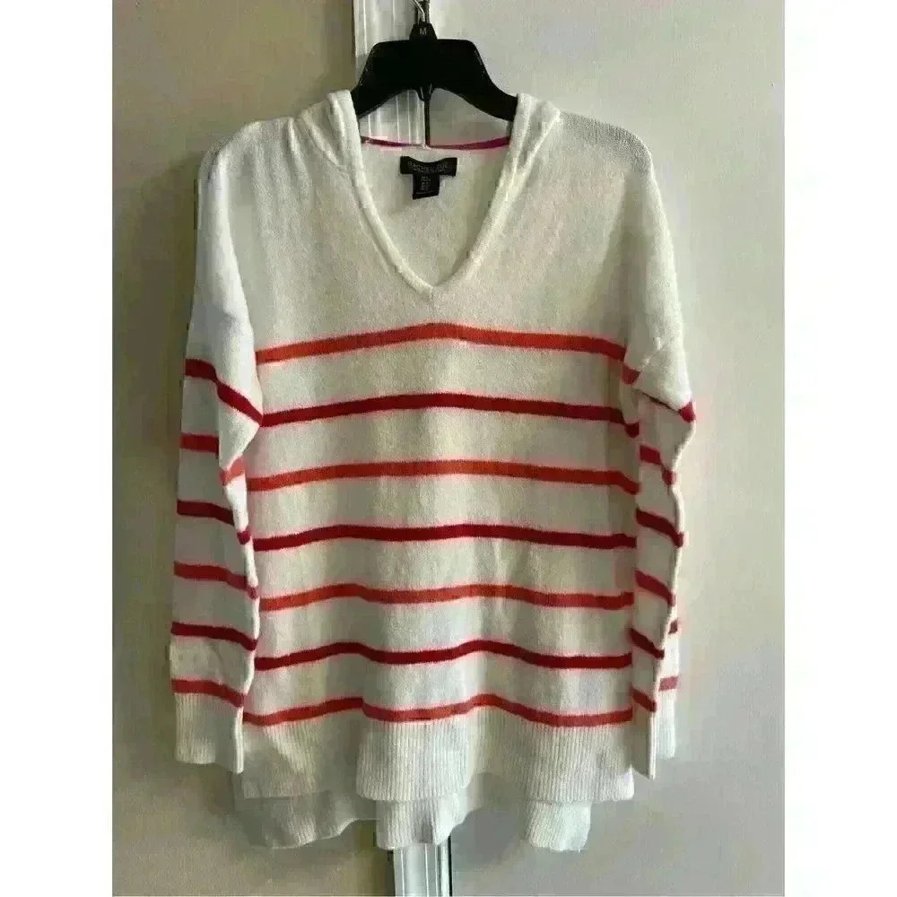 Rachel Zoe White Red Striped Hooded V Neck Pullover Sweater Small